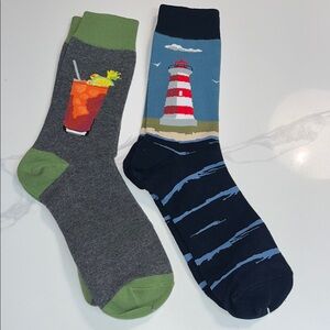Green and Gray Novelty Crew Socks Set Lighthouse and cocktail motif.